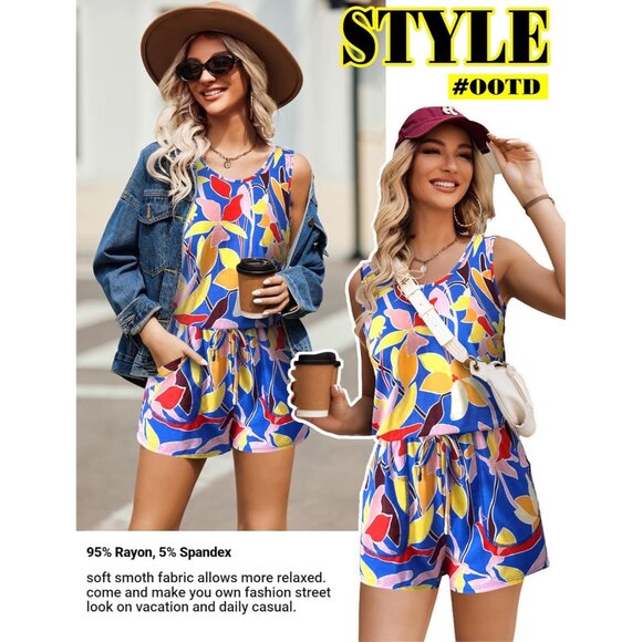 🆕 Women Blue Summer Solid Jumpsuit Loose Sleeveless Short Soft Romper Pocket - Picture 6 of 6